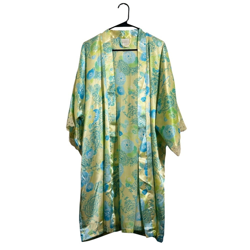 Secret Treasures Kimono Robe Tender Lemon Floral Paisley Lace Trim Satin Size XL